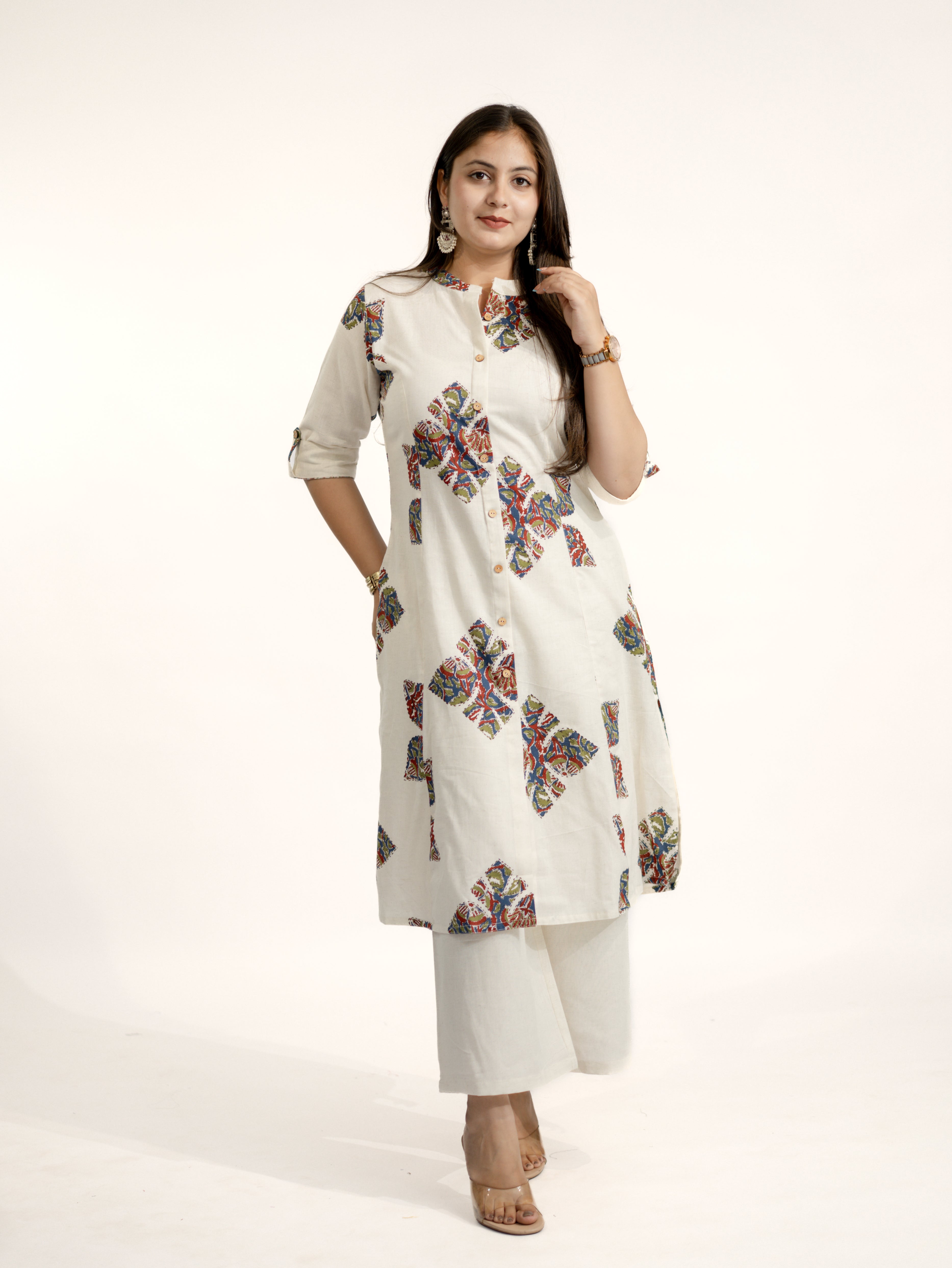 Eaira OffWhite-Blue Cotton Ajrakh A-line Cotton Kurta Set