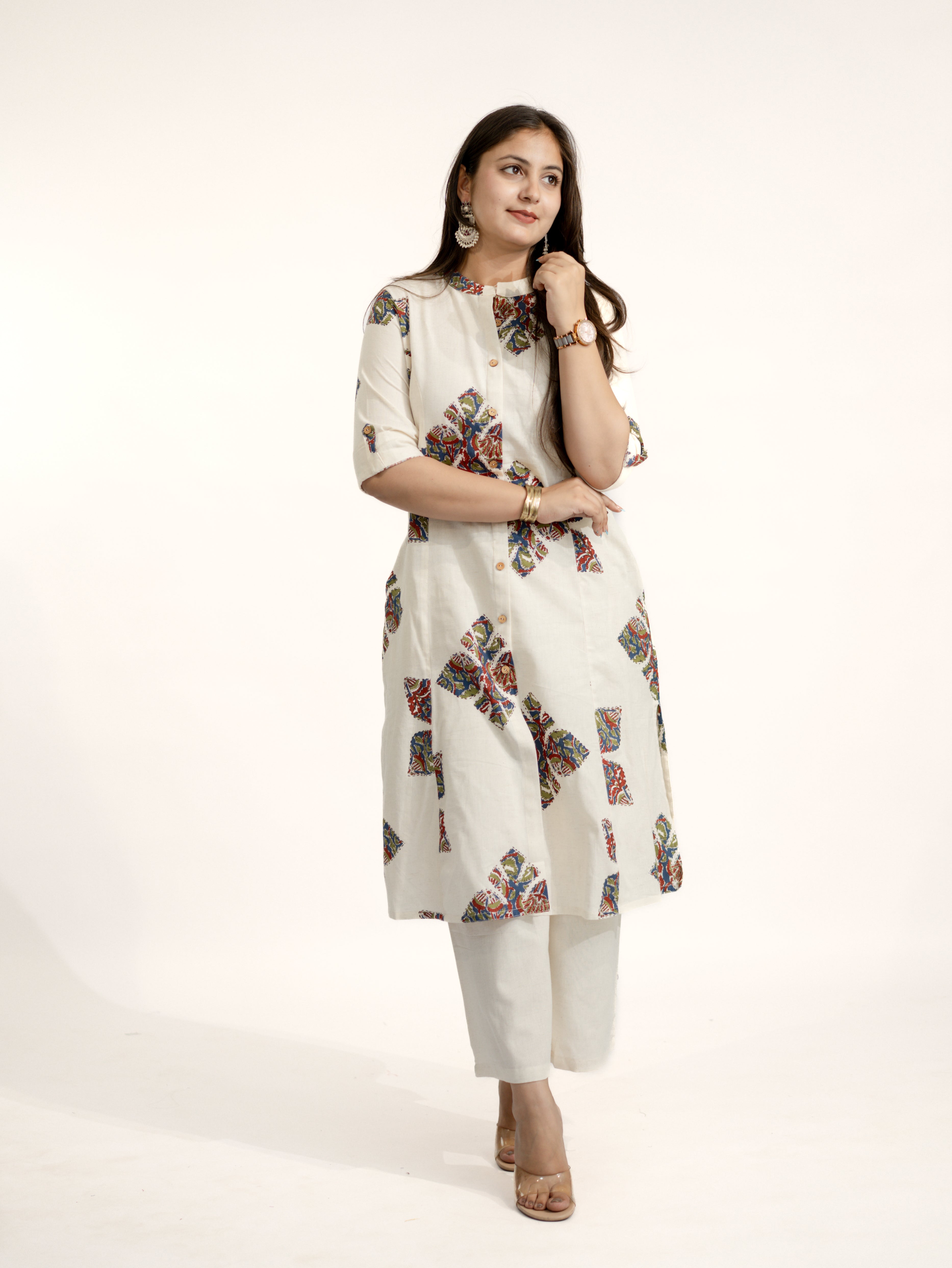 Eaira OffWhite-Blue Cotton Ajrakh A-line Cotton Kurta Set