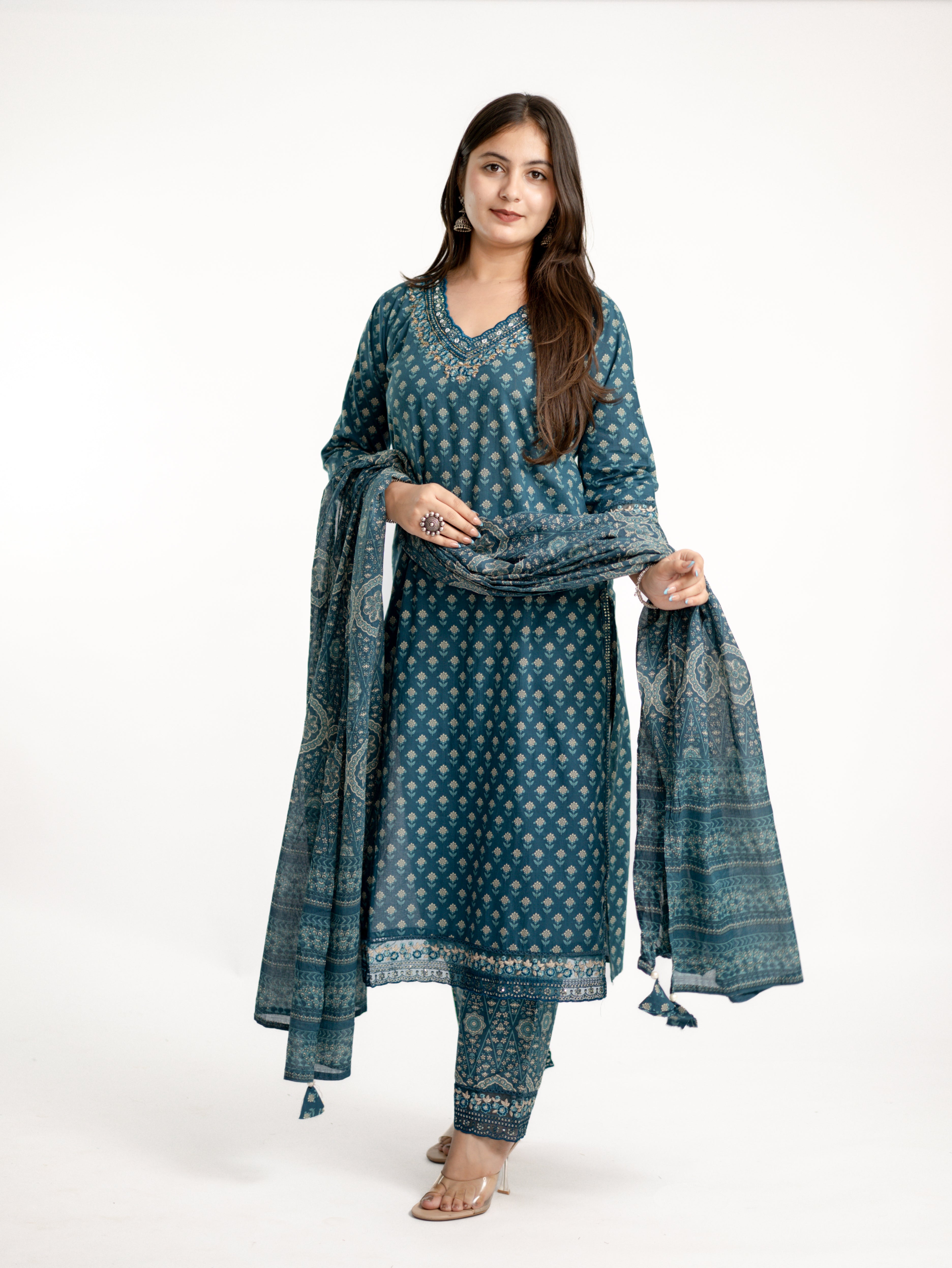 Dimpee Ajrakh Cotton HandEmbroidered Dupatta set