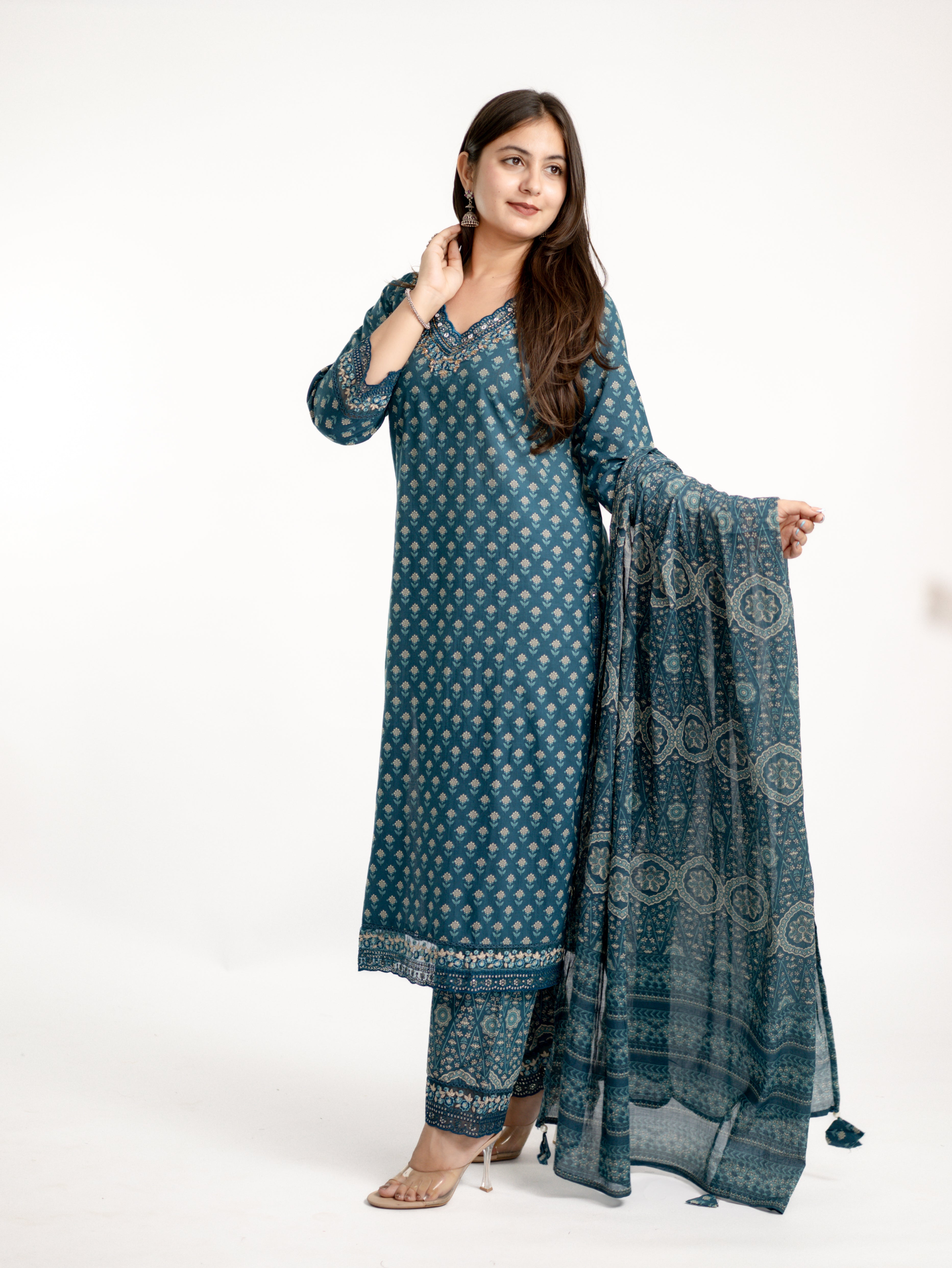 Dimpee Ajrakh Cotton HandEmbroidered Dupatta set