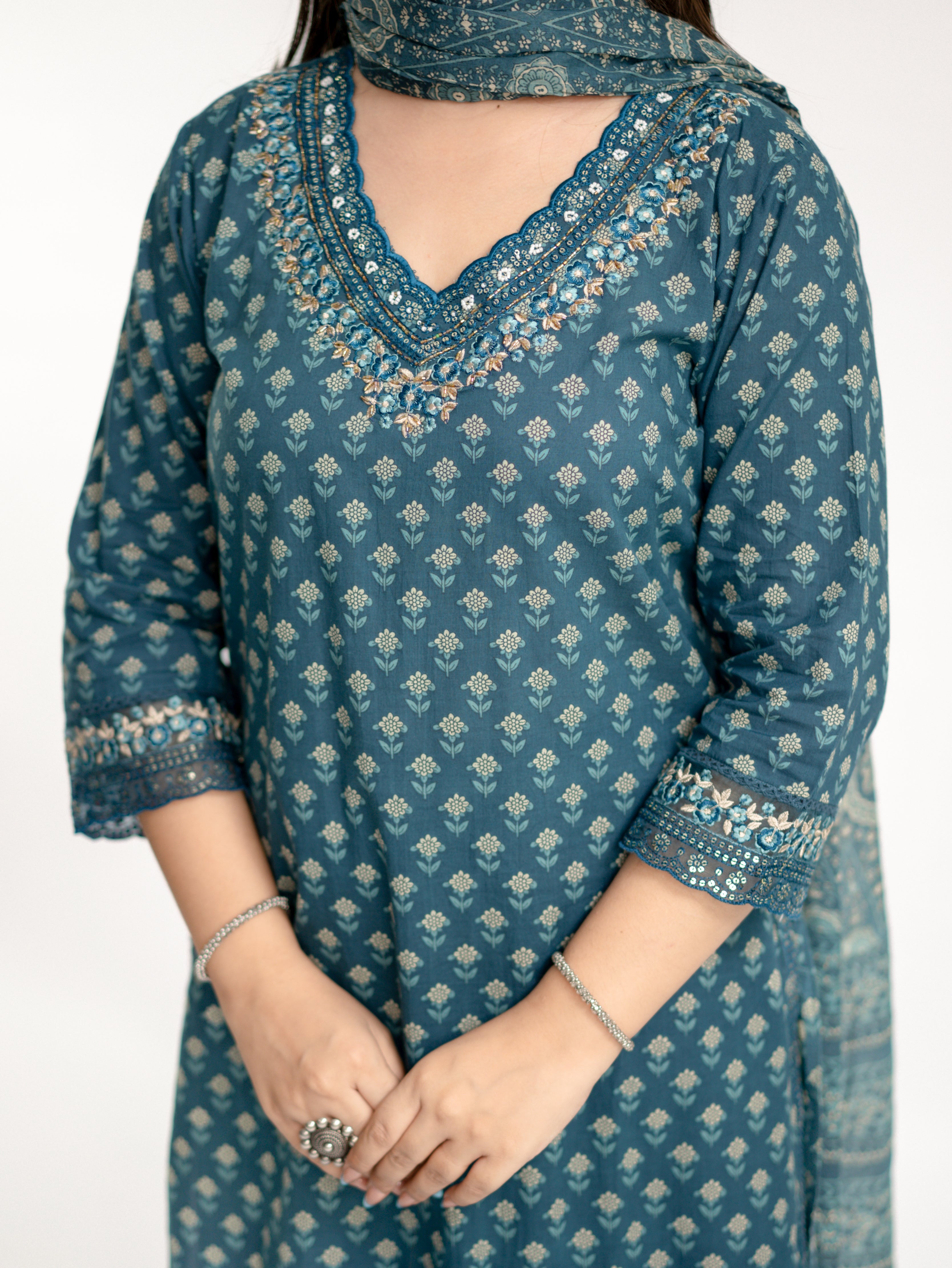 Dimpee Ajrakh Cotton HandEmbroidered Dupatta set