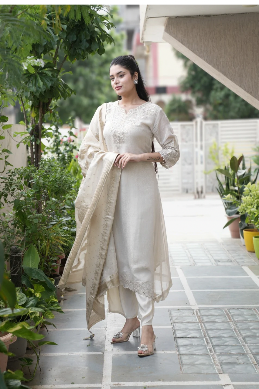 Noor Asymmetric Shimmer Tissue  HandEmbroidered Pant Set