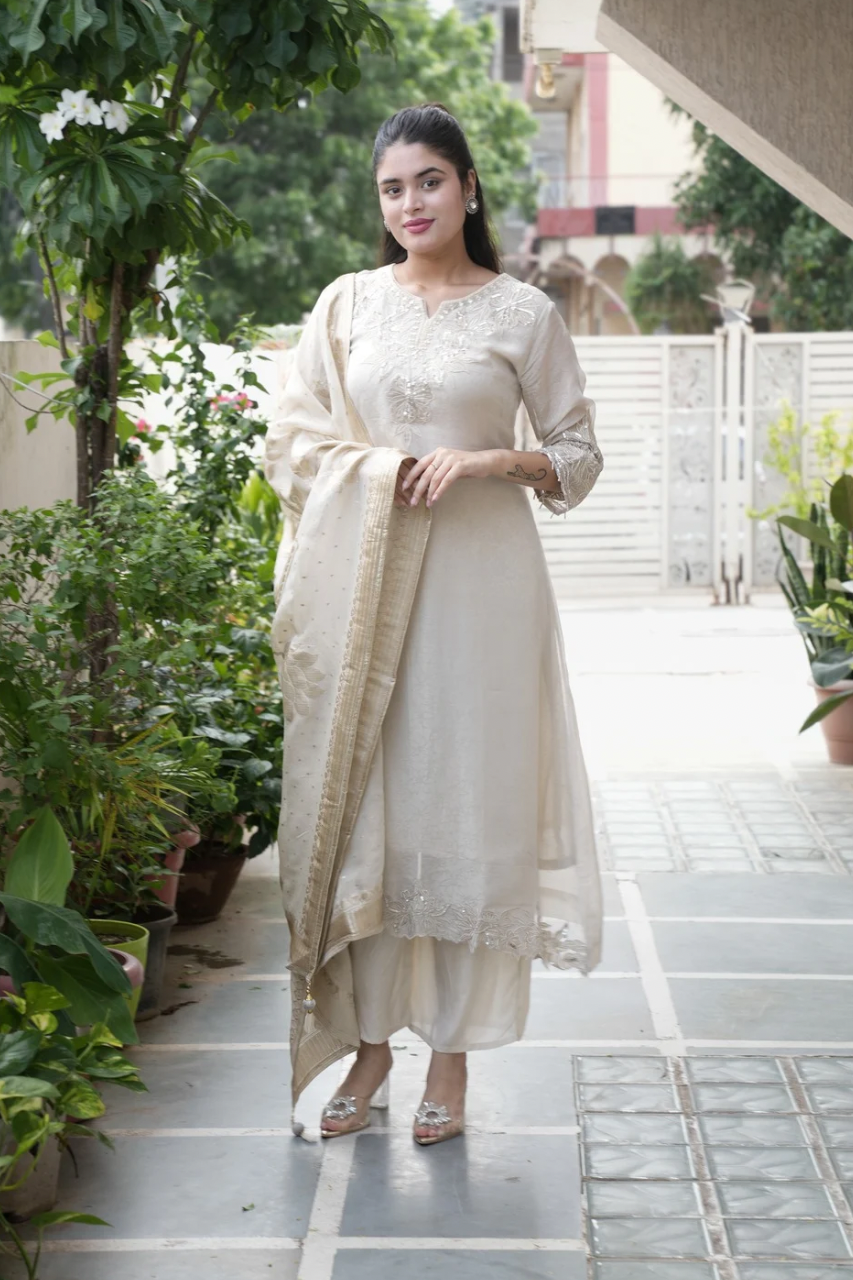 Noor Asymmetric Shimmer Tissue  HandEmbroidered Pant Set