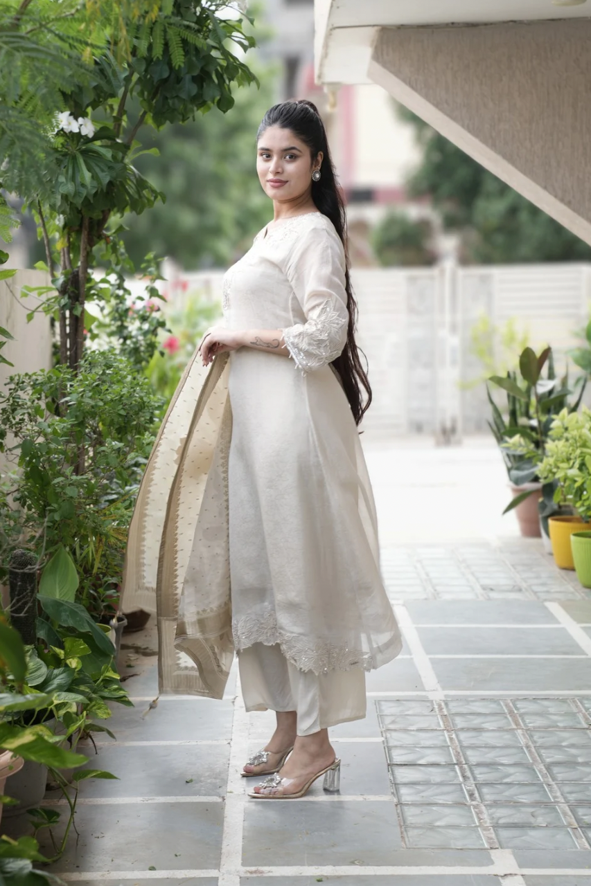 Noor Asymmetric Shimmer Tissue  HandEmbroidered Pant Set