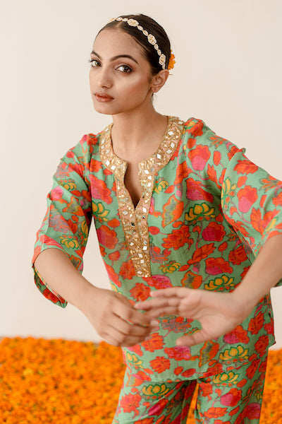 Gold Zardozi Rain Green Co-Ord Muslin Set