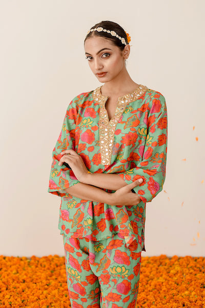 Gold Zardozi Rain Green Co-Ord Muslin Set