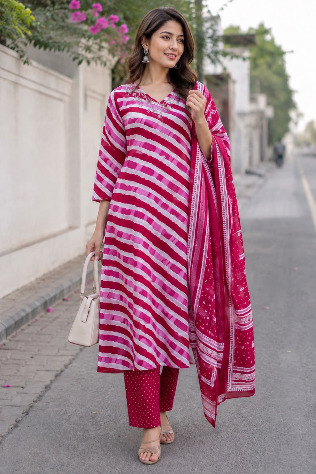 Premium Cotton Lehriya A-Line Kurti 3 Piece Set