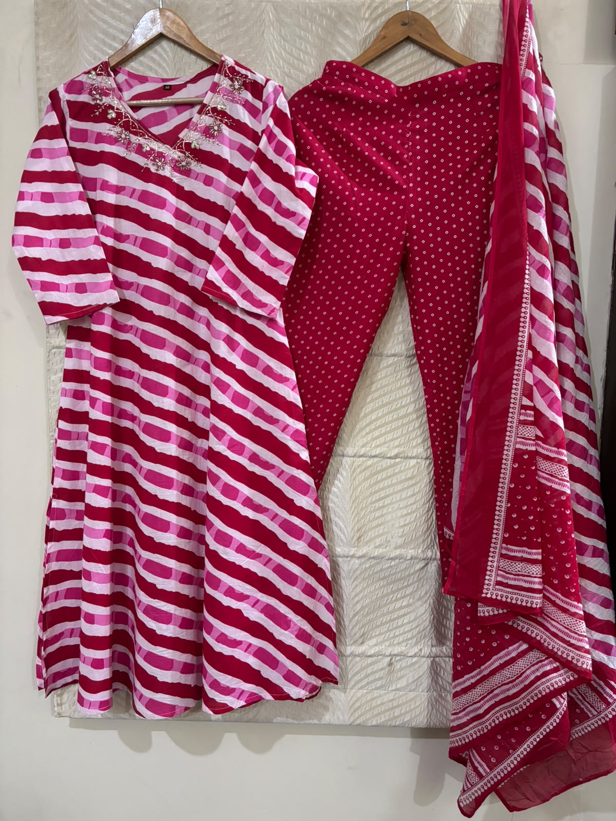 Premium Cotton Lehriya A-Line Kurti 3 Piece Set