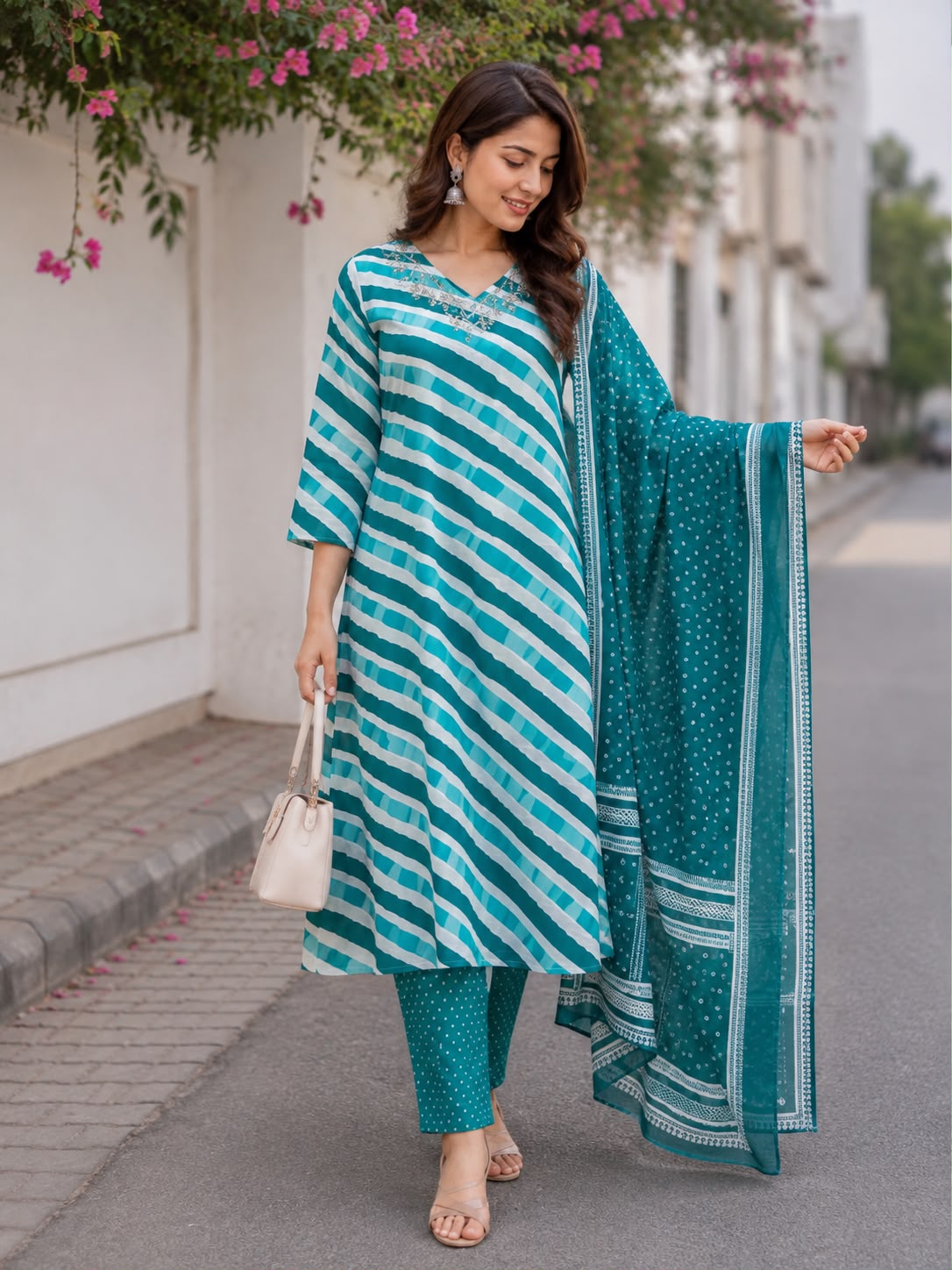 Premium Cotton Lehriya A-Line Kurti 3 Piece Set