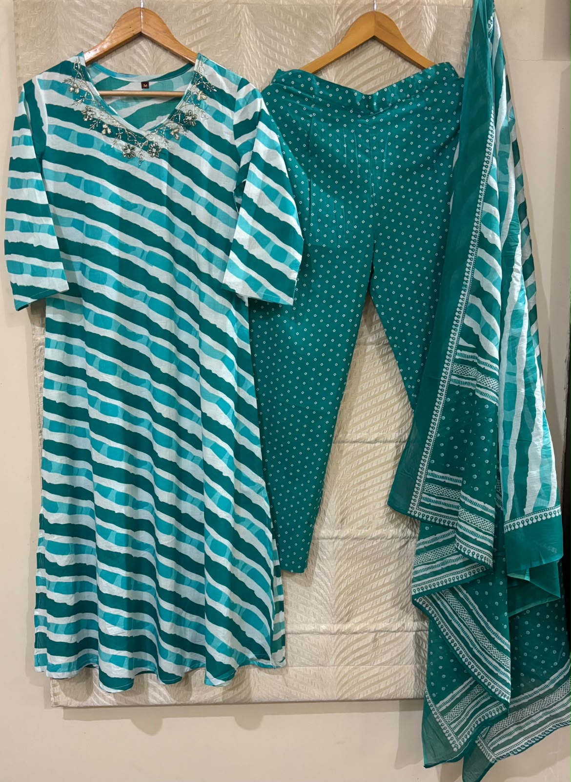 Premium Cotton Lehriya A-Line Kurti 3 Piece Set
