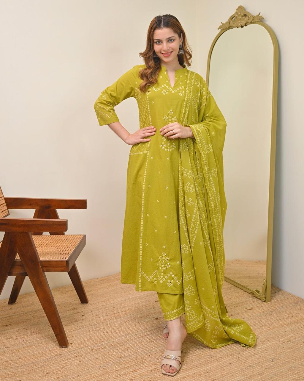 Lime Mist & Azure Noor Bandhej Mirror A-Line Cotton Suit
