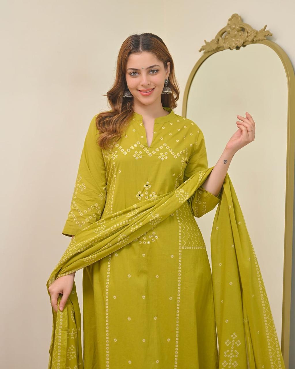 Lime Mist & Azure Noor Bandhej Mirror A-Line Cotton Suit