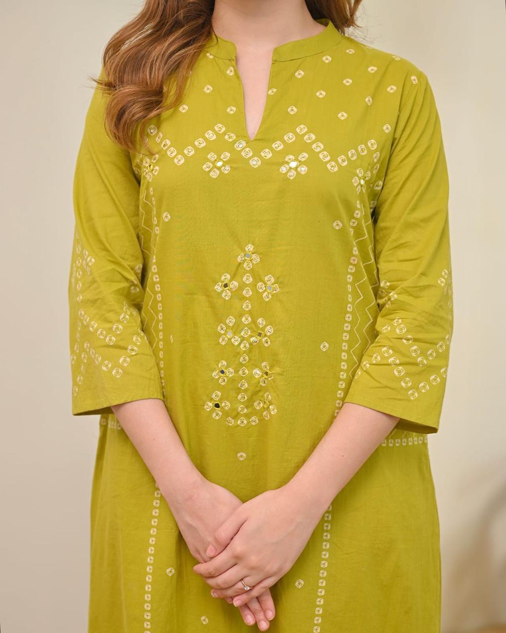 Lime Mist & Azure Noor Bandhej Mirror A-Line Cotton Suit