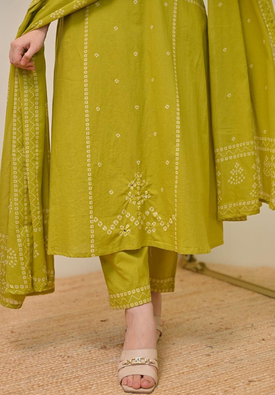 Lime Mist & Azure Noor Bandhej Mirror A-Line Cotton Suit