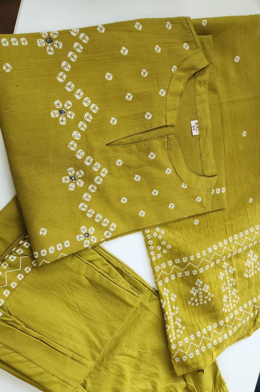 Lime Mist & Azure Noor Bandhej Mirror A-Line Cotton Suit