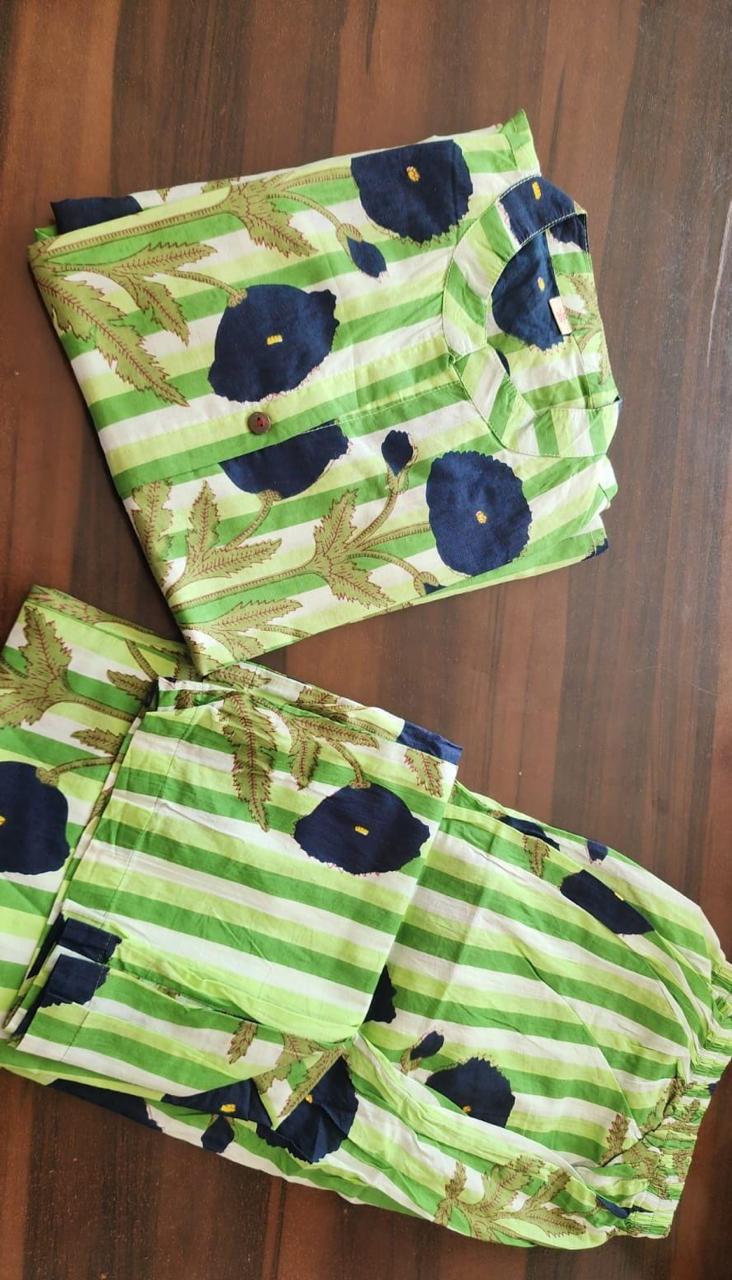 La Rose Hand Block Cotton A-Line Sleeveless Kurta Pant Set