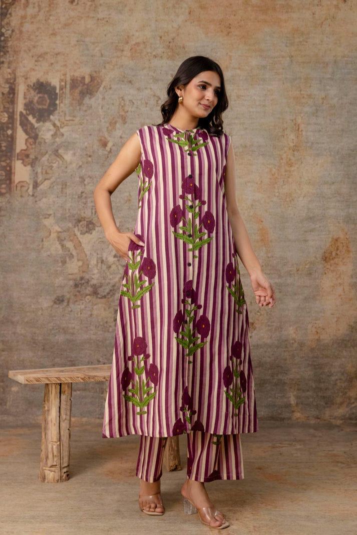 La Rose Hand Block Cotton A-Line Sleeveless Kurta Pant Set