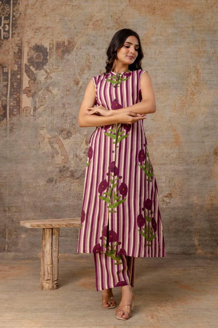 La Rose Hand Block Cotton A-Line Sleeveless Kurta Pant Set