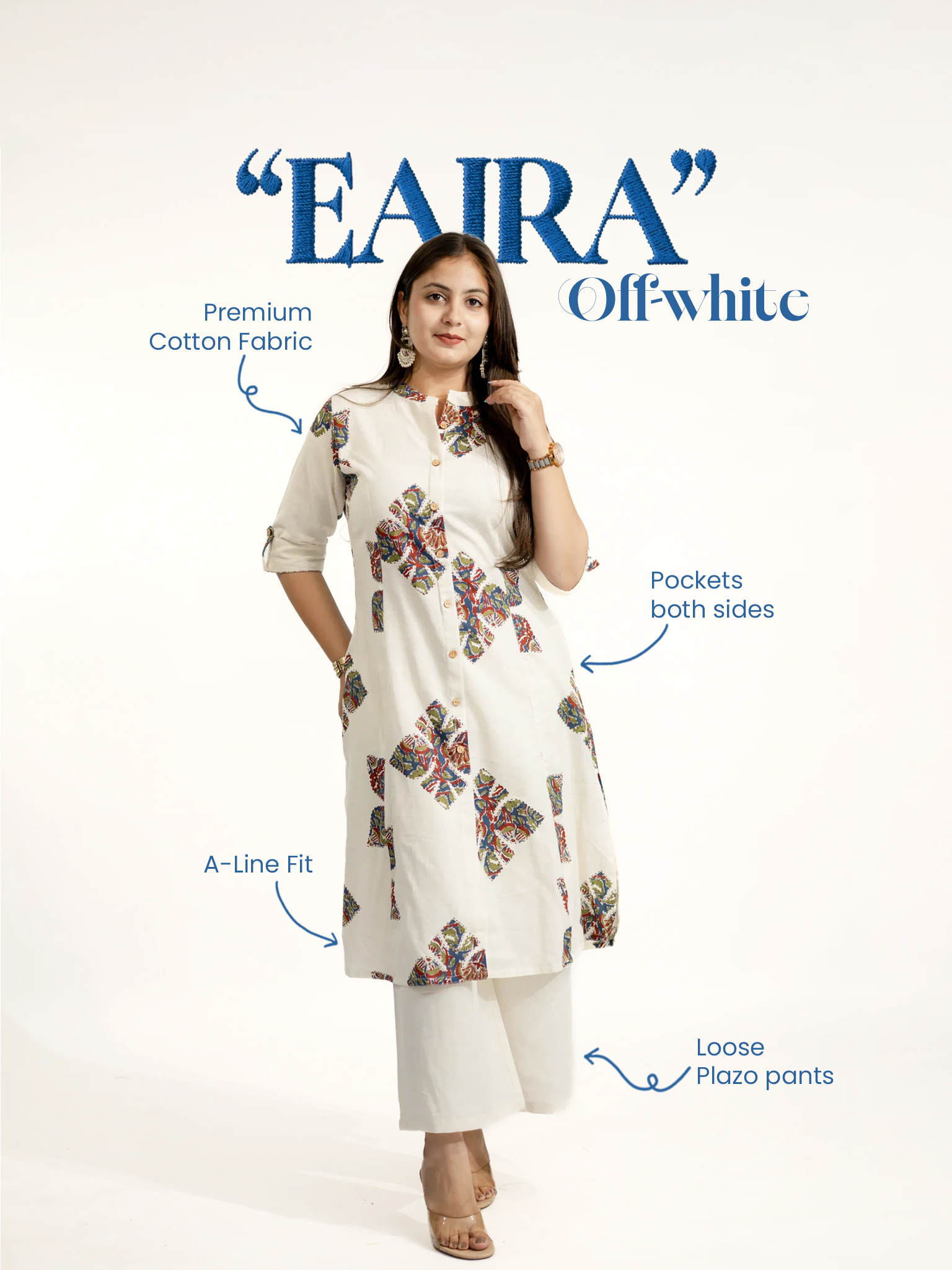 Eaira OffWhite-Blue Cotton Ajrakh A-line Cotton Kurta Set